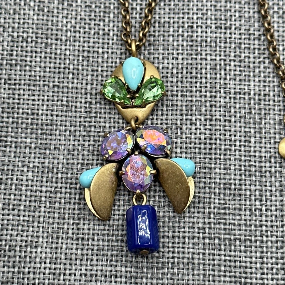 J CREW Antique Brass Glass Rhinestones flowers pendant, necklace‎ # 77